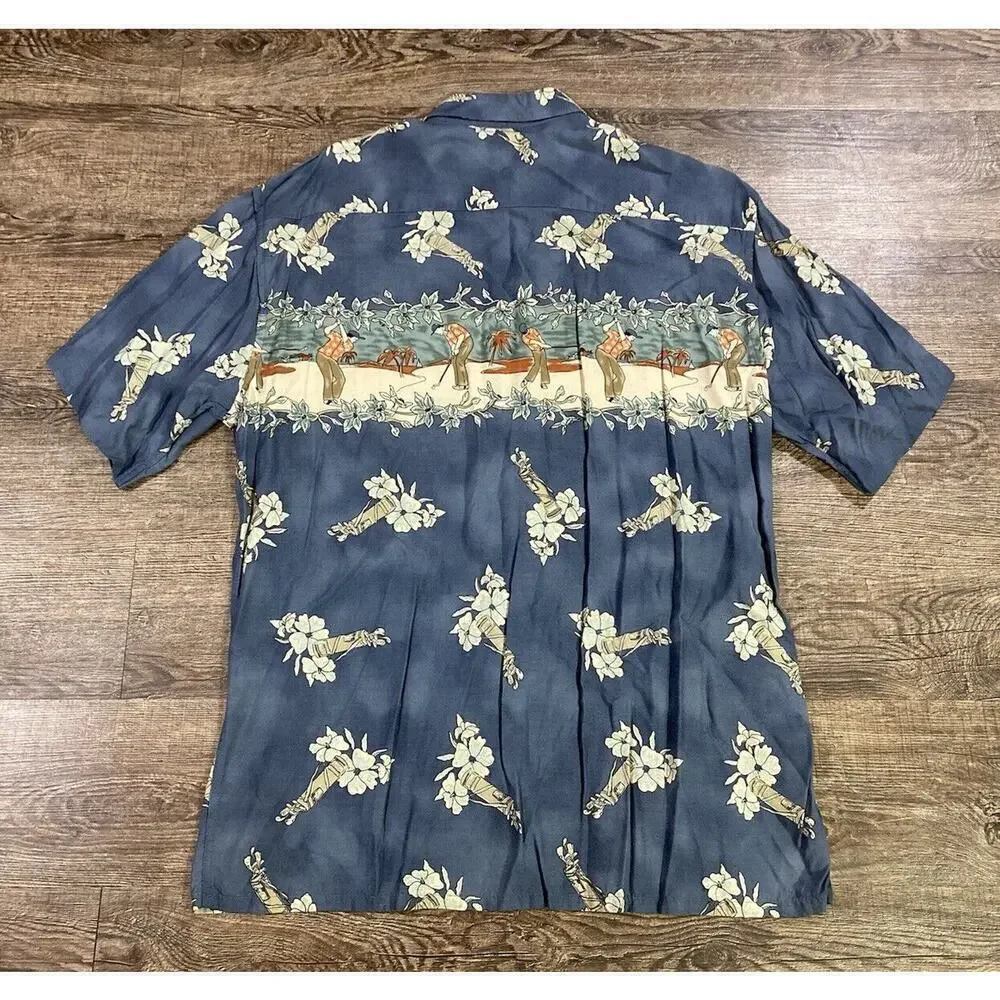 Campia Men’s Medium Hawaiian Shirt Blue Button Up Short Sleeve Golf Theme
